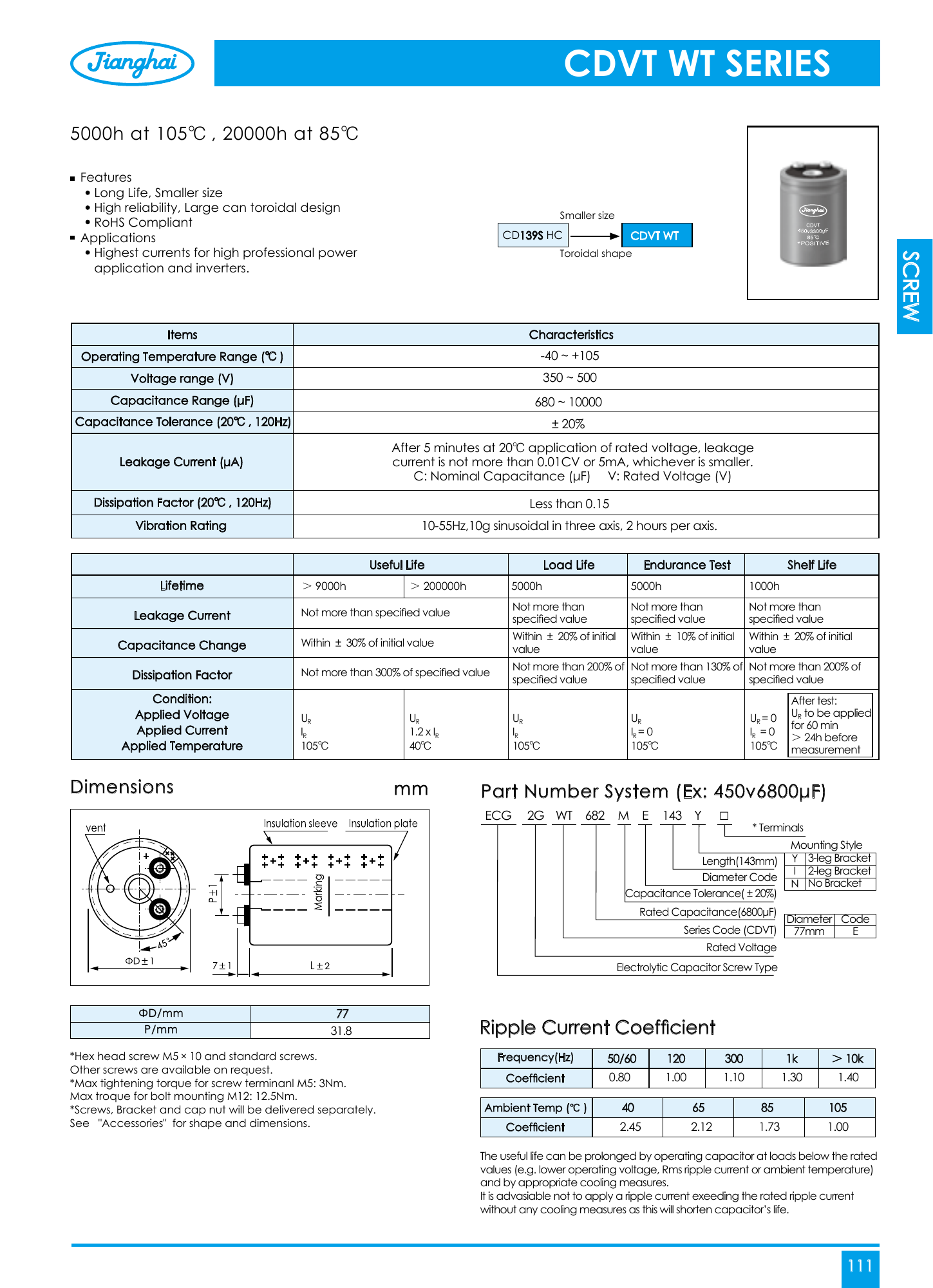 Original Jianghai CDVT/WT datasheet with structure, endurance and ripple-current conditions.