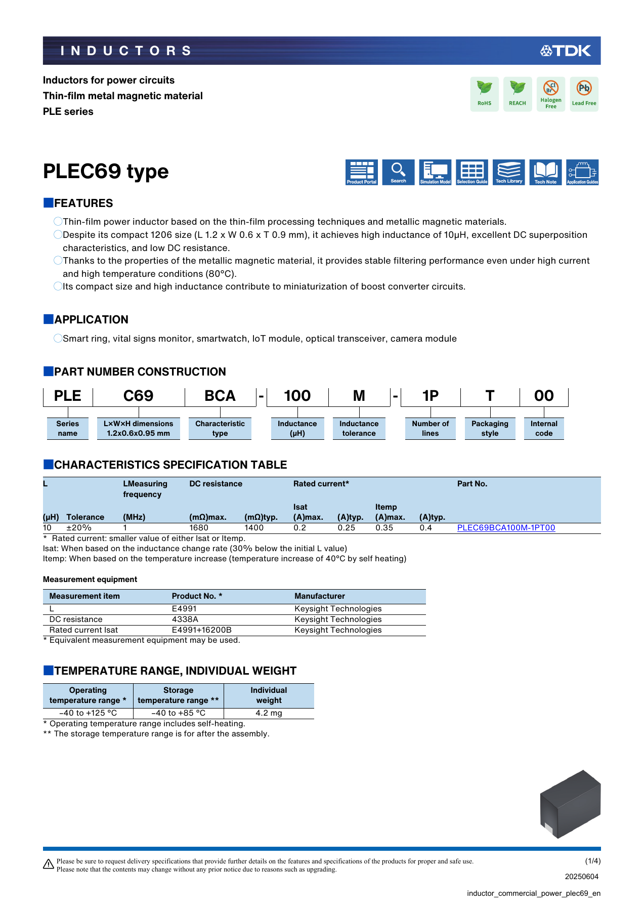 Original TDK PLEC69 datasheet showing inductance, DC resistance, saturation current and temperature-rise current.